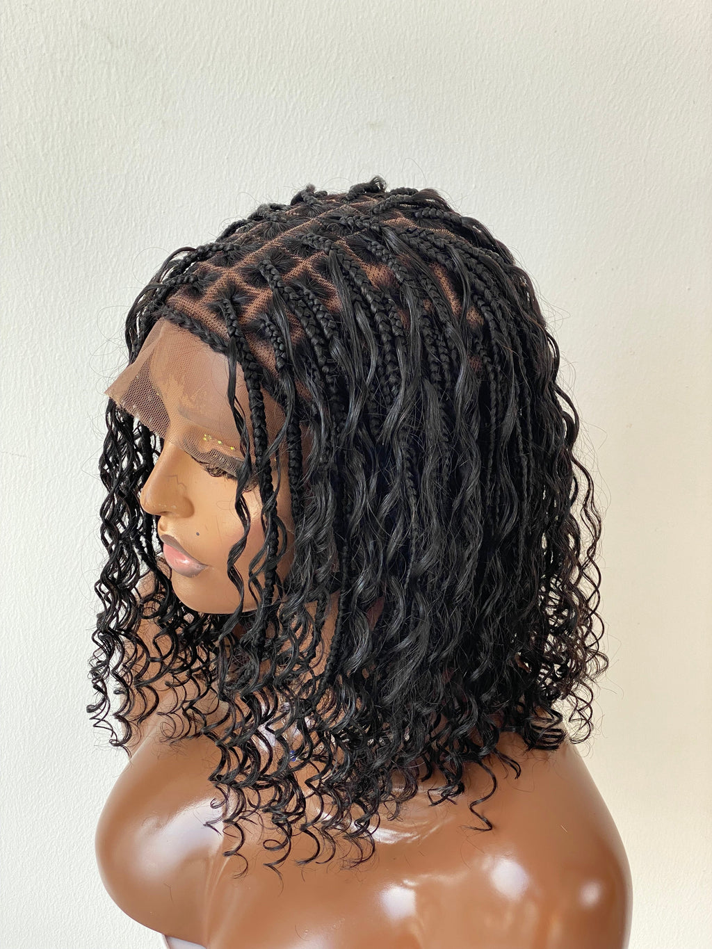 Short Bohemian Knotless Bob Wig (100% HD Human Hair Lace & Curls) Black Color TARA
