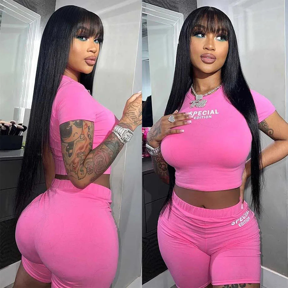 Long Straight Wig with Bangs | 30-32 Inch Brazilian Remy Hair | Middle Part Wig for Black Women